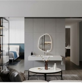 Resim 40x55 Cm Modern Asimetrik Banyo Aynası Beyaz Çerçeveli Organik Şekilli Duvar Aynası Beyaz 