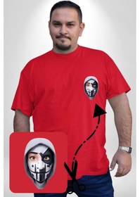 Resim Maske Takan Kahraman Kafası Kırmızı Büyük Beden Kadın Basic Minimal Baskılı Tişört Kırmızı 