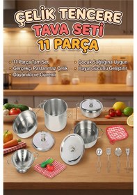 Resim 11 Parça Metal Oyuncak Tencere Tava Seti - Paslanmaz Çelik Gerçekçi Evcilik Mutfak Oyun Seti 