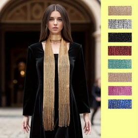 Resim Kadınların Parıldayan Metalik Payetli Şalı, Boho File Uzun Şal, Şık Aksesuar için Düz Renkli Püsküllü Şal 