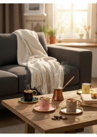 Resim 6 Lı Gold Detaylı Porselen Türk Kahvesi Fincan Takımı Pastel Renkli, Çiçek Desenli Fincanı Seti Çok Renkli 