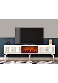 Resim Nil Şömineli Tv Sehpası Beyaz-altın 