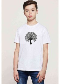 Resim Silhouette Tree Baskılı Unisex Çocuk Beyaz T-Shirt (534789096) 