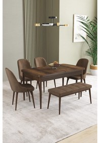 Resim Ikon Barok Desen 80x132 Mdf Açılabilir Yemek Masası Takımı 4 Sandalye, 1 Bench Kahverengi 