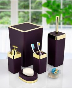 Resim Akrilik Gold Çizgi Mor 5'Li Soft Kare Banyo Takımı Seti Mor 