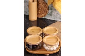 Resim Özbience Duo 300ML 4'lü Bambu ve Silikon Kapaklı Hava Sızdırmaz Cam Kahvaltılık 