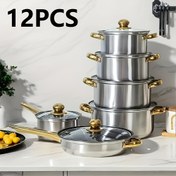 Resim 12 Parça Paslanmaz Çelik Tencere Seti, 6 Tencere ve 6 Cam Kapak İçerir, Yapışmaz Çok Amaçlı, Isıya Dayanıklı ve Sağlam, Kızartma, Pişirme ve Servis için Uygun, Tarifler Dahil, Hediye Seti | Modern Mutfak Eşyaları, Yemek Pişirme Gereçleri, Çağdaş Tasarım, Şık Tencereler, Yüksek Kaliteli Çelik, Tamamlı Mutfak Takımı, Ev İhtiyaçları, Aşçılar için Hediye 