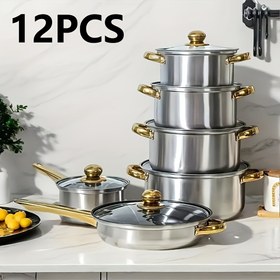 Resim 12 Parça Paslanmaz Çelik Tencere Seti, 6 Tencere ve 6 Cam Kapak İçerir, Yapışmaz Çok Amaçlı, Isıya Dayanıklı ve Sağlam, Kızartma, Pişirme ve Servis için Uygun, Tarifler Dahil, Hediye Seti | Modern Mutfak Eşyaları, Yemek Pişirme Gereçleri, Çağdaş Tasarım, Şık Tencereler, Yüksek Kaliteli Çelik, Tamamlı Mutfak Takımı, Ev İhtiyaçları, Aşçılar için Hediye 