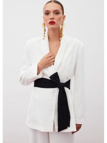 Resim Sateen Beli Kuşaklı Uzun Ceket - Ekru 