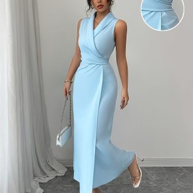 Resim Kadınlar için Şık Kolsuz Maxi Elbise - Düz Renk, Bağcıklı, V-Yaka, Akışkan Tasarım, Hafif Mavi Polyester, Yaz ve Resmi Durumlar için Mükemmel, Sevimli Elbise 