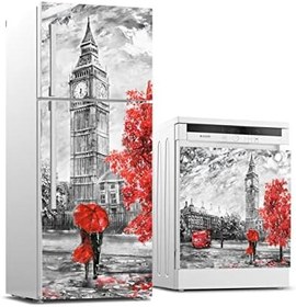 Resim Buzdolabı ve Bulaşık Makinası Beyaz Eşya Sticker Kaplama Saat Kulesi Yağlıboya 