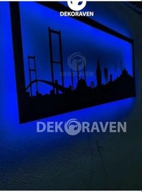 Resim Silueti Led Işıklı Ahşap Tablo Mavi 55x25 cm, istanbul 