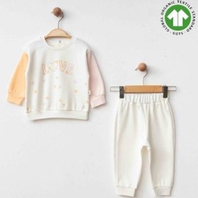 Resim Kız Bebek Kalp Desenli Love Yazılı Organik Eşofman Takım-15472 Çok Renkli 