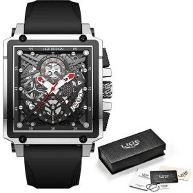 Resim Hanyang Gümüş Siyah Lıge 2022 Yeni Moda Kırmızı Kare Izle Erkekler Spor Askeri Kuvars Rahat Su Geçirmez Kol Saati Chronograph Relogio Masculino + Kutu (Yurt Dışından) 