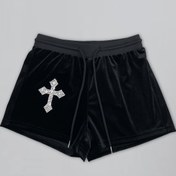 Resim Rhinestone Cross Drawstring Bel Şort, Rahat Rahat Kadife Şort, Kadın Giyim 