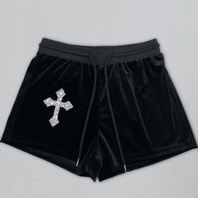 Resim Rhinestone Cross Drawstring Bel Şort, Rahat Rahat Kadife Şort, Kadın Giyim 