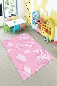 Resim Pelangi Pembe Eşya Ikonlu Çocuk Yıkanabilir Kaymaz Taban Leke Tutmazbebek Ve Çocuk Odası Halısı, Şeker Pembe 60 x 200 