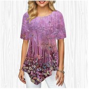 Resim Yeşil Kadın Büyük Beden Bayanlar Tee Gömlek Çiçek Denizi Baskı Gevşek Rahat Üstleri Kadın Düzensiz Yaz Giysileri Yeşil 