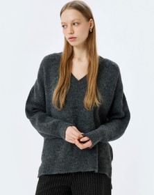 Resim V Yaka Rahat Kalıp Uzun Kollu Triko Kazak 