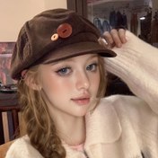 Resim Vintage Sekizgen Japon Tarzı Kahverengi Beret Düğmeli Flanel Yüz Boyama Kep 