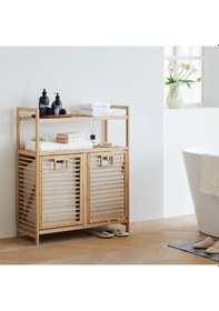 Resim Kirli 2 Kat Organizer Raflı - 2 Bölmeli Önden Çek Aç Kalın Ahşap Bambu Kirli Çamaşır Sepeti 80x33x87 Çok Renkli 