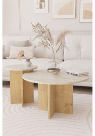 Resim 2 Li Orta Sehpa Seti, İskandinav Stil, Bohem, 72 Cm, 40 Cm - Traverten & Safir Meşe 