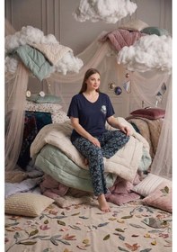 Resim Kadın Büyük Beden Düğmesiz Viskon Kısa Kollu Palazzo Pijama Takımı-oversize Üst Geniş Paça Alt Lacivert 