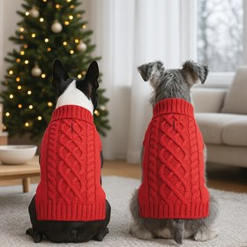 Resim Kırmızı Köpek Kazakları, Yavru Köpek Balıkçı Yaka, Soğuk Hava ve Bayram Kutlamaları İçin Klasik Desenli Örgü Köpek Kazak - Mutlu Yıllar 2025 