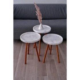 Resim Voodo Concept 3'lü Set 3 Boy Beyaz Mermer Çay Kahve Sehpası (%100 Orjinal Mermer) 