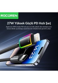Resim Rocoren 27w Type-c To Lightning Rgb Aydınlatmalı Örgülü Şarj Ve Data Kablosu 1 Metre 