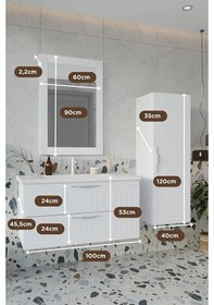 Resim Erguvan Beyaz Gümüş Kulp Demonte Lavabolu Banyo Dolabı 100 Set Beyaz 