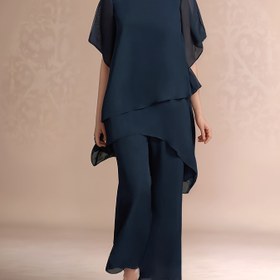 Resim Kadınlar için Şifon Kısa Kollu 2 Parça Takım Düz Renk Düzensiz Zarif Parti Moda Takımı 