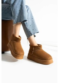 Resim Süet Kadın Kışlık Ev Ve Dışarı Botu Terliği Yüksek Kalın Tabanlı Kışlık İçi Yünlü Tüylü Bootie Açık Taba 