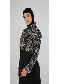 Resim Estiva Dijital Baskı Croplu Dokuma Tam Kapalı Tesettür Mayo Siyah 