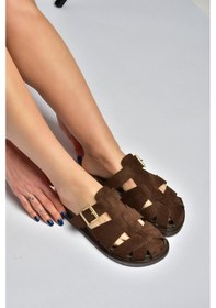 Resim Fox Shoes Y596549502 Kahverengi Süet Tokalı Önü Kapalı Kadın Terlik 