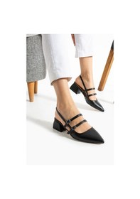 Resim Albishoes Kadın Kare Topuk 5 Cm Arkası Açık Sivri Burun Topuklu Ayakkabı Alçak Topuk Kadın Ayakkabı Siyah 