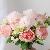 Resim 1 Adet Yapay Şakayık Buketi - Pembe & Beyaz Çiçekler Yeşil Yapraklarla, DIY Düğün, Gelin Duşu, Gençler Duşu ve Ev Masa Dekoru için Zarif Karışık Krizantem Düzenlemesi 
