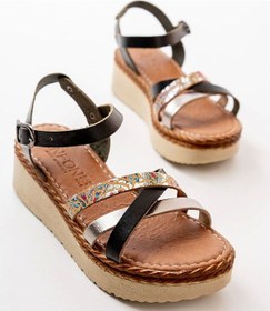 Resim Siyah Multi Ortopedik Hakiki Deri Dolgu Kadın Sandalet Siyah 