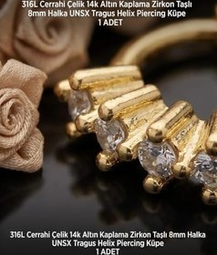 Resim 316L Cerrahi Çelik Altın Kaplama Tragus Helix Küpe Piercing Kararmaz Alerji Yapmaz Zirkon Taşlı Halka Küpe 8 mm Unisex 1 Adet Tekli Küpe Kadın Erkek Uyumlu Kıkırdak Cartilage Piercing 