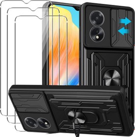 Resim KZIOACSH OPPO A38 4G için kılıf, Dahili Destek Standı+Slayt Kamera Kapağı+Çıkarılabilir Kart Tutucu Askeri Sınıf Sağlam Zırh Kılıfı Çizilmez Sert Tampon Kapağı 3 Temperli Cam Ekran Koruyucu, Siyah 