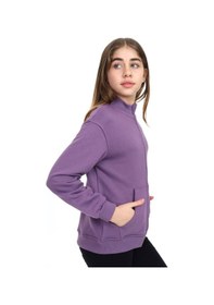 Resim Toontoy Kız Çocuk Dik Yaka Fermuarlı Cepli Düşük Omuz Nakış Baskılı Örme Hırka - 2 İplik Şardonlu Mor 