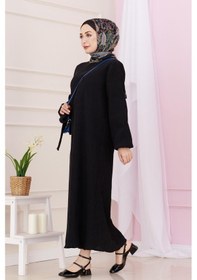 Resim Sevitli Beli Kuşaklı Luna Tesettür Elbise-siyah-4886 Siyah 