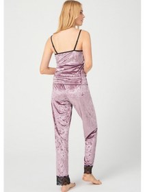 Resim Cottonhill Pudra Dantel Detaylı Kadife Kadın Pijama Takımı Pudra 