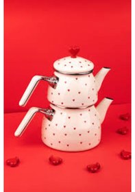 Resim Luxury Emaye Kalpli Çay Takımı Beyaz - Kırmızı 