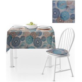 Resim Geometrik Desenli Yuvarlak Motifli Turkuaz Vizon Dijital Baskılı Petek Dokuma Masa Örtüsü 140x220 