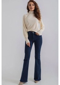 Resim Ispanyol Renk Solmaz Likralı Yüksek Bel Koyu Mavi İspanyol Jeans Pantolon Koyu Mavi 