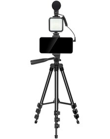 Resim Vkemall Fotoğrafçılık Canlı Yayın Tripod Mikrofon Led Işık Telefon Tutucu Sesli Video Seti Siyah 