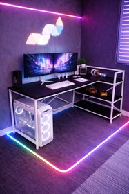 Resim Flinder Siyah/Beyaz Çift Yön Kullanıma Uygun, Raflı Gaming Oyuncu Masası, Bilgisayar Masası, Çalışma Masası 