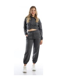 Resim Kadın Kruvaze Detaylı Kapüşonlu Crop Sweat Antrasit 