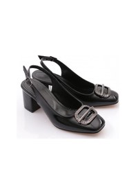 Resim Dgn K661 Kadin Arkasi Açik Metal Aksesuarli Topuklu Ayakkabi Siyah Kırışık Rugan 